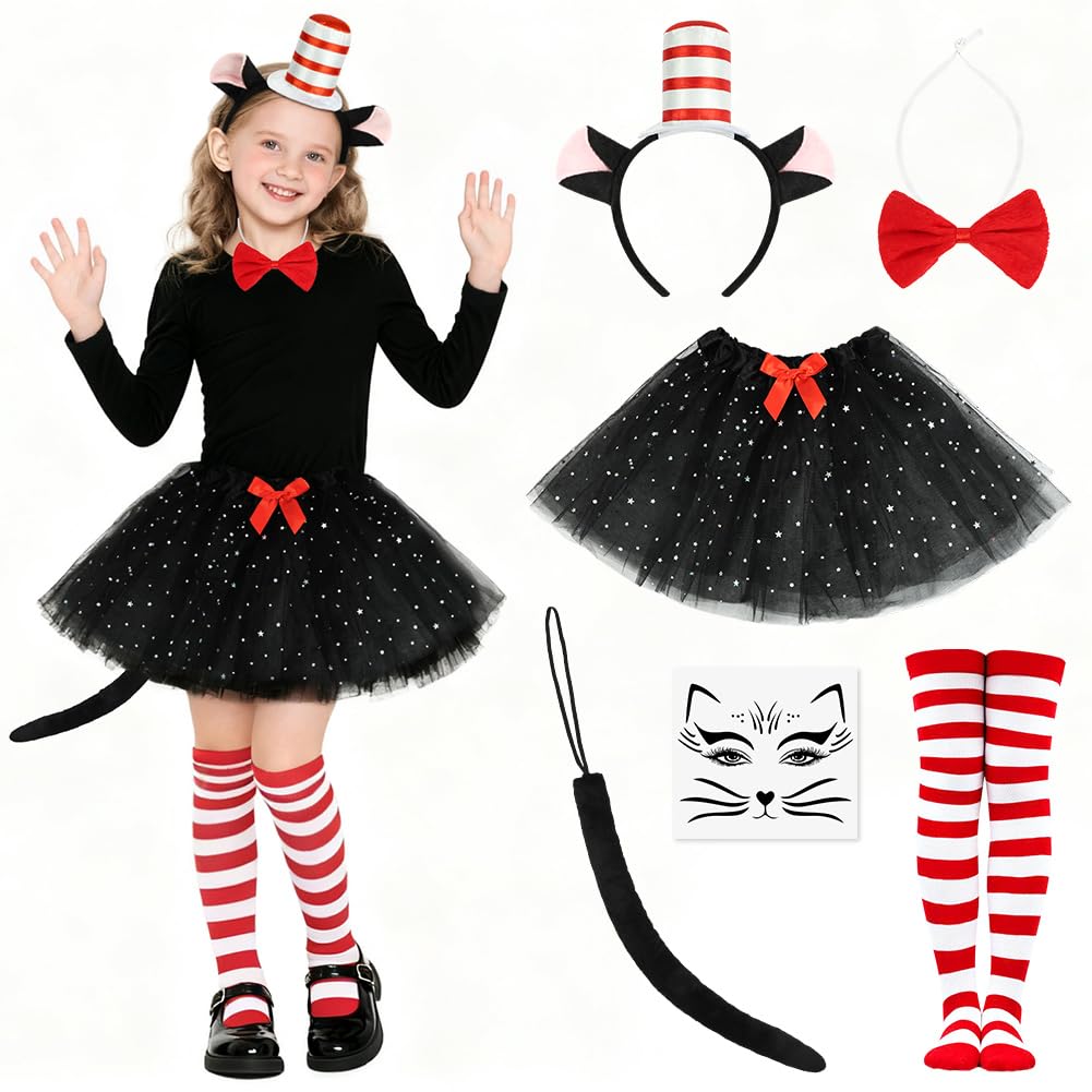 AUYAO Child Halloween Crazy Cat Fancy Dress Costume 6 Pcs Set including Cat Headband Red Bow Tie Black Skirt Red White Striped Socks Tattoo Patch Black Tail World Book Day Cat in the Hat Accessory