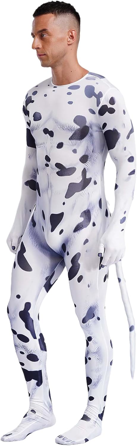 Linjinx Men's Animal 3D Print Zentai Bodysuit with Tail Adults Halloween Cosplay Party Costume