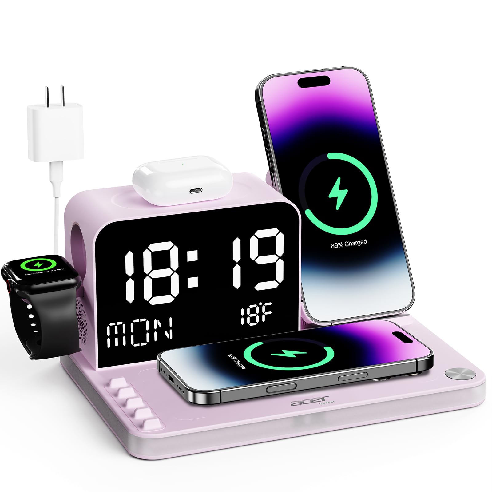 Acer Stazione di ricarica wireless 7 in 1 con orologio a LED, caricabatterie wireless veloce da 30 W per iPhone 16/15/14/13/12/Pro Max, Apple Watch, AirPods, sincronizzazione automatica dell'ora e