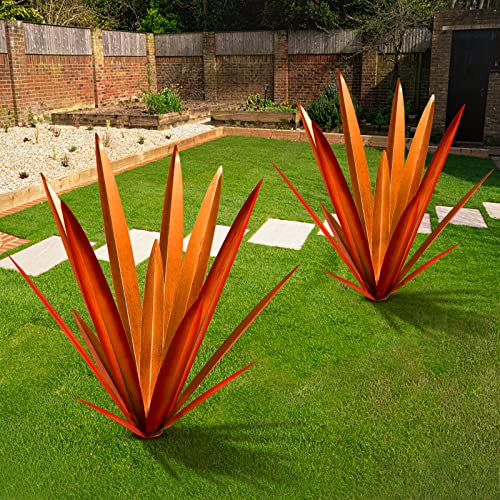 Image of TOMBABY Large Leaf Thickened Metal Agave Plant Outdoor Decoration Desert Courtyard Art Plant Garden Decoration Outdoor Metal Art Floral Gift (2, RED)