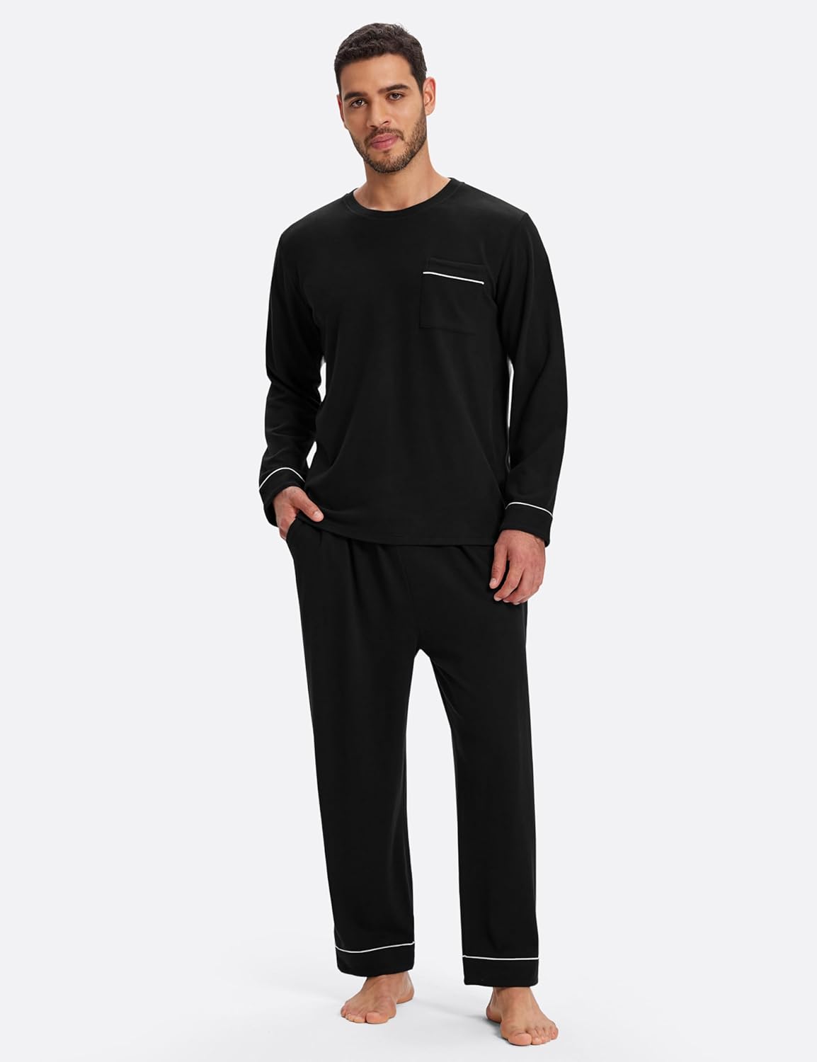 Mofiz Viscose Soft Men's Pajama Sets Sleepwear Long Sleeve Crewneck Pajama Set for Men Warm Loungewear Pjs with Pockets - Image 2