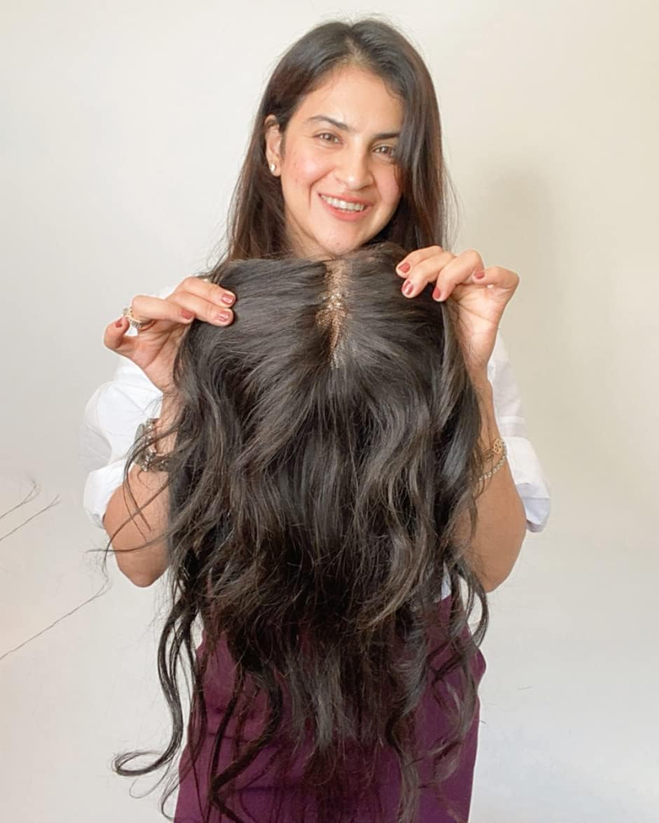 Majik Hand Made Customize Human Hair Lace Topper/Closure for Women and Girls for Thinning Hair (20 to 22 Inch, Dark Brown)