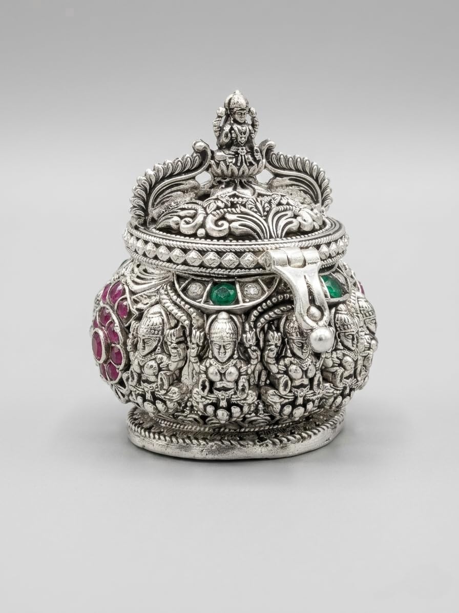 Golden Treasure Silver Plated Lakshmi Kumkum Box with Intricate Temple Design & Stone Work – Decorative Sindoor Dani for Pooja, Wedding Return Gift & Home Décor (Antique Finish, Round Shape)-image-14