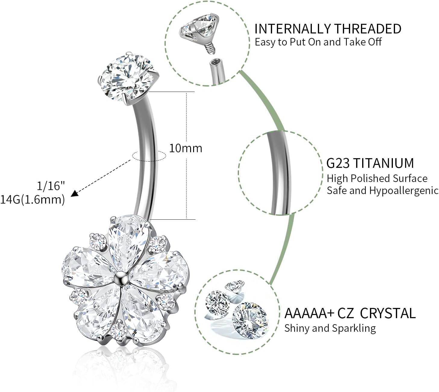 Titanium Belly Button Ring 14G Curved Barbell – Hypoallergenic Navel Piercing Jewelry with Multi-Texture Zircon,10mm Luxury Floating Belly Button Piercing - Image 2