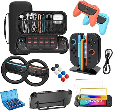 Accessories Bundle for Nintendo Switch 2, OUNFNOE 18-IN-1 Kits for Switch 2 Accessories, Carrying Case, Controller Charging Dock, Joy-Con Thumb Grips, Tempered Screen Protector, Steering Wheels for Mario Kart, Protective Console Cover