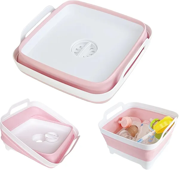 GIMWA Collapsible Wash Basin for Baby Bottles - 2.4 Gallons Portable Wash Bin for RV Camping Sink, Space-Saving Dish Tub (Pink)