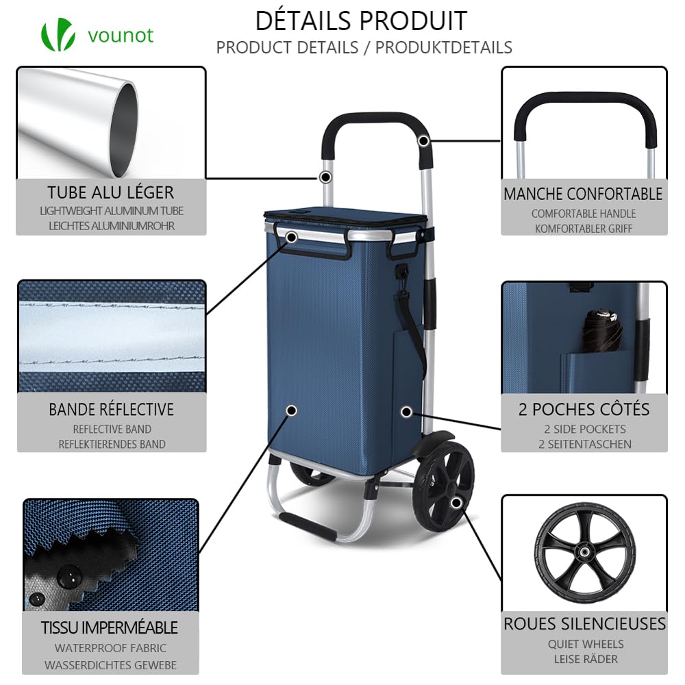 VOUNOT® Chariot de Courses 2 Roues en Aluminium avec Compartiment Impermeable Caddie de Courses Pliable 3 en 1 avec Sac Isotherme Individuel Sac Chariot Bleu Marine 58L