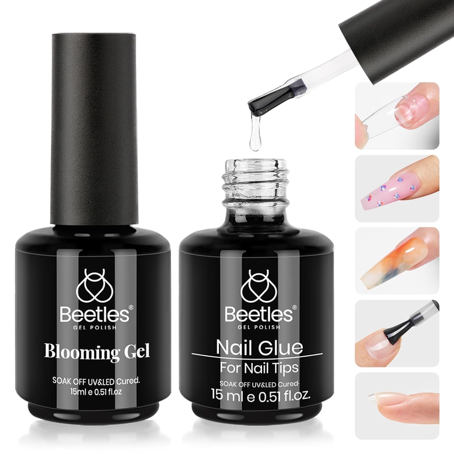 Beetles Nail Glue and Blooming Gel Set - 15ml 2Pcs Christmas Nail Art Gel for Blooming Marble Effects and Strong Nail Tips Bonding, Nail Supplies for Salon or DIY Manicure at Home