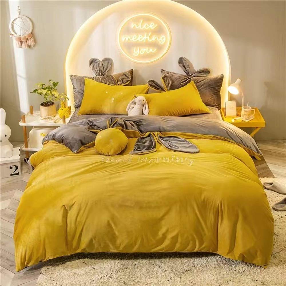 Juego de ropa de cama de terciopelo con diseño de orejas de conejo y funda de almohada, para habitación de los niños (AB02, individual 150 x 200 cm)