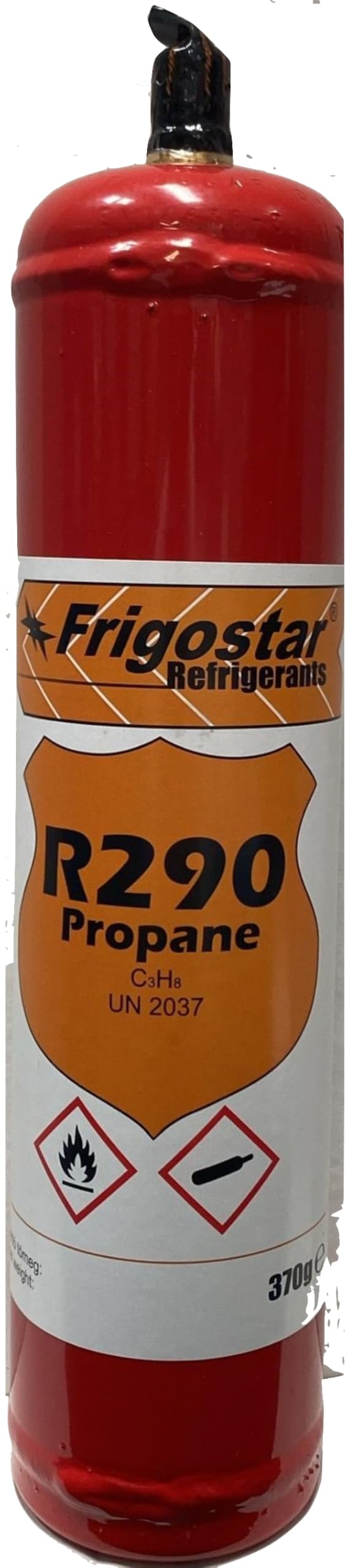 M Shop Italia R290 bombona 370 g + tubo 1/4" F-1/4" F con preválvula para recarga frigoríficos secadoras bodegas