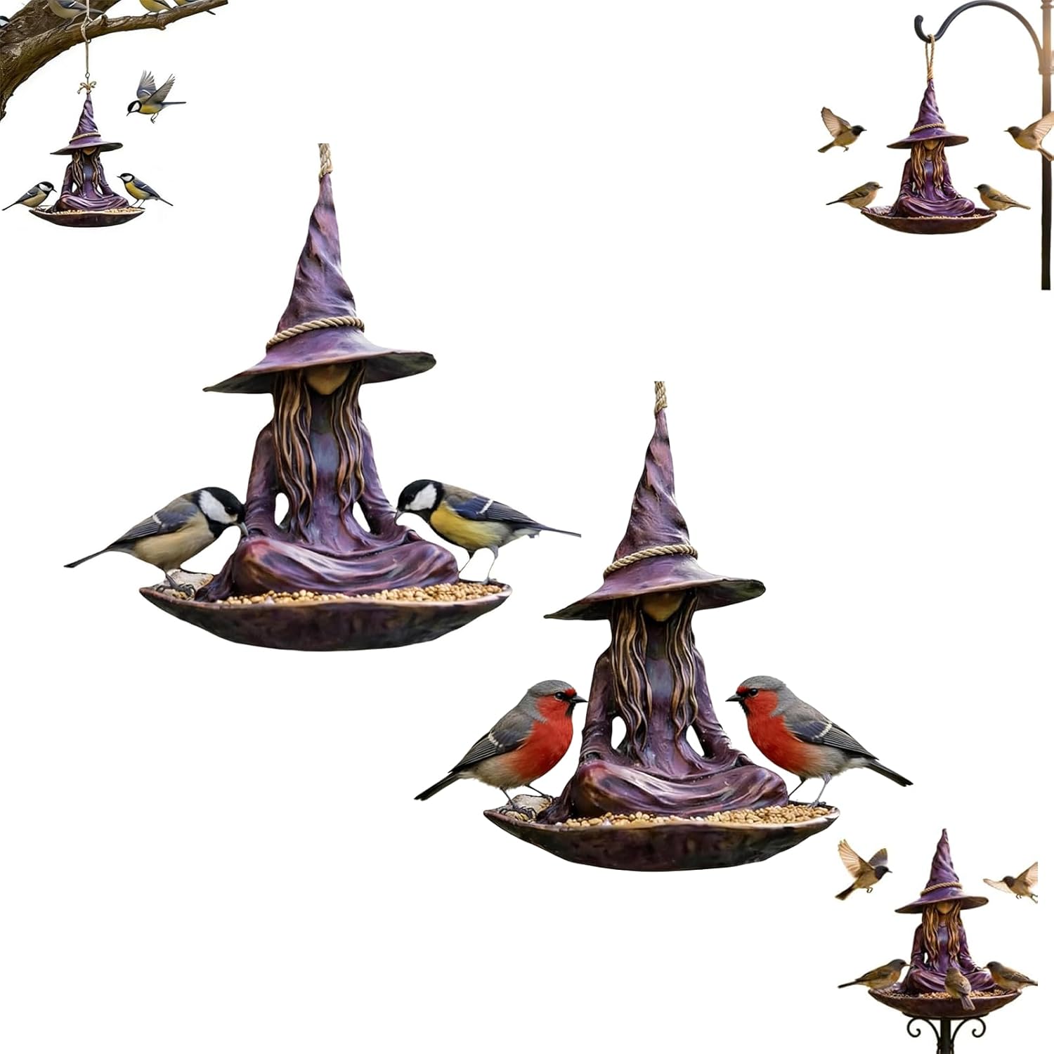 Meditating Witch Garden Bird Feeder Purple Bird Feeder Resin Witch Hat Design Hanging Feeders Outdoor Garden Decor for Birds Lovers Backyard Patio Balcony
