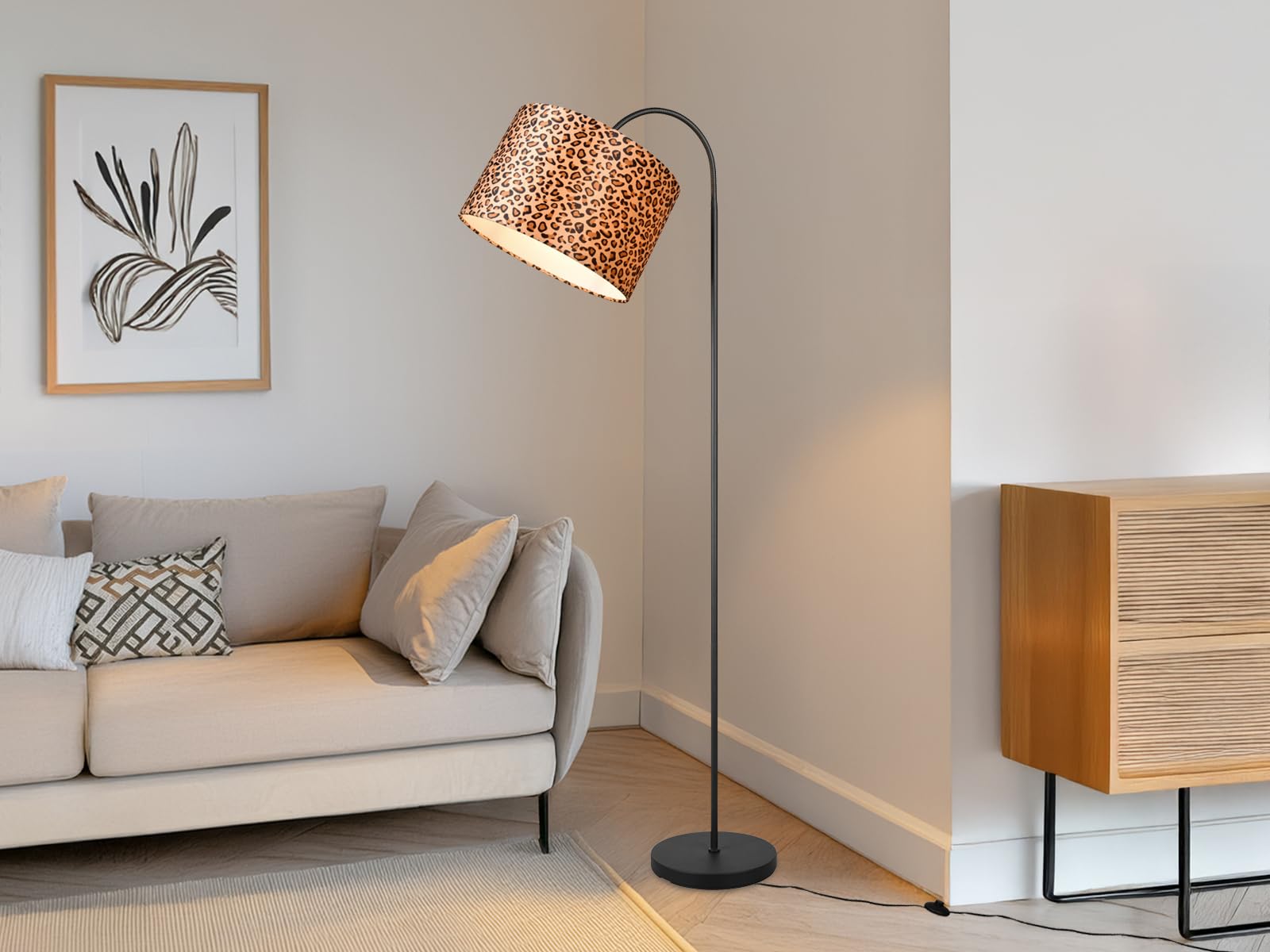 Große Stehlampe mit Lampenschirm aus Stoff Leopardenmuster, max. Höhe 207cm