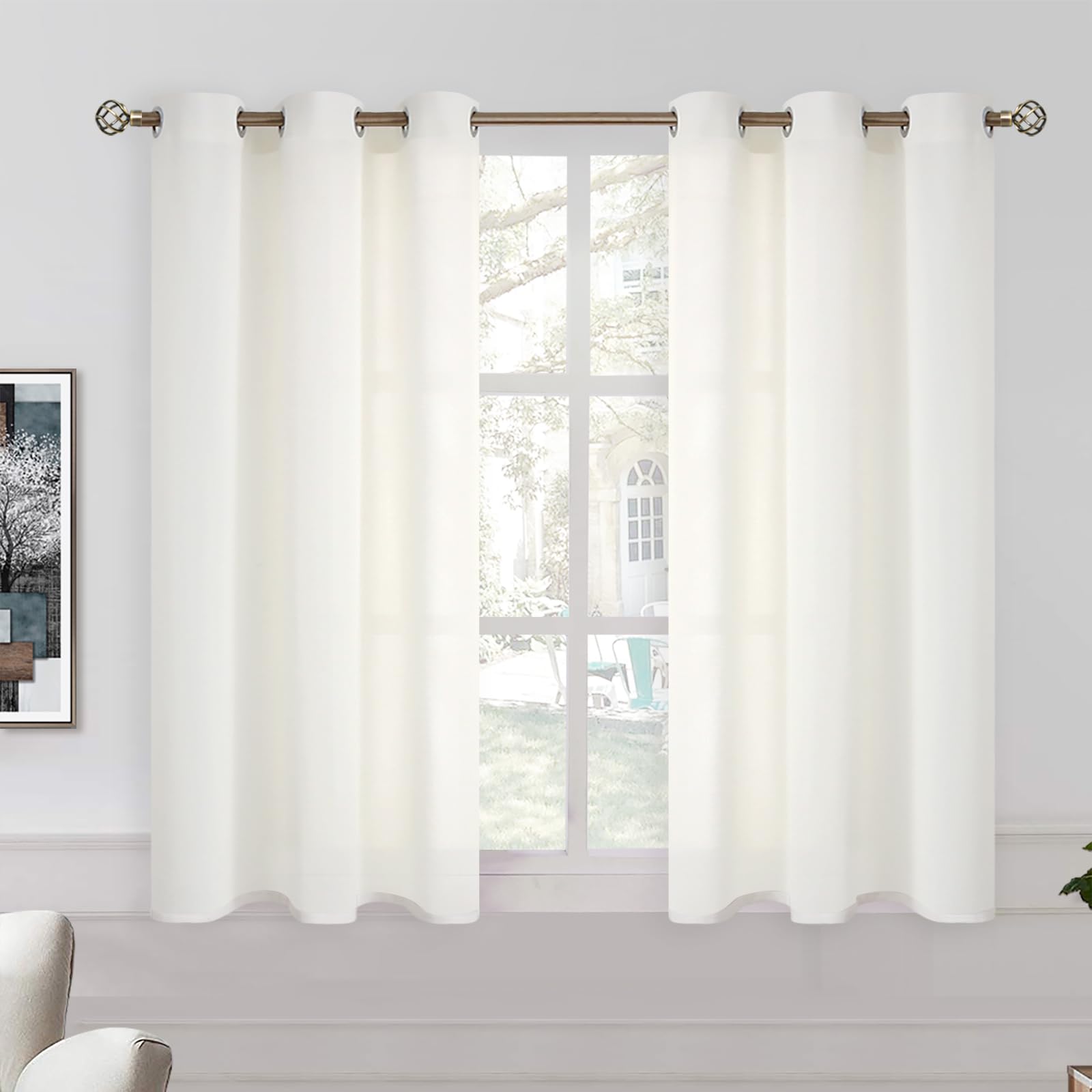 BGment Cream Semi Sheer Natural Linen Look 54 Inch Curtains for Bedroom, Grommet Light Filtering Casual Textured Privacy Sheer Curtains for Living