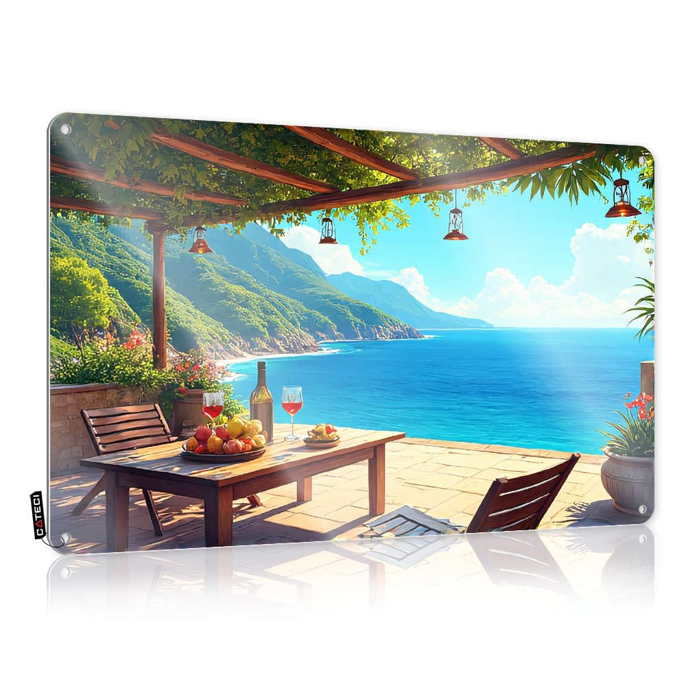 Fzfn Boys Colour Decorations Best Vintage Wall Decor | A Serene Terrace Overlooking The Ocean With A Table Set For Wine And Fruit. Retro Nice For Slow Home Decoration(30X40cm)