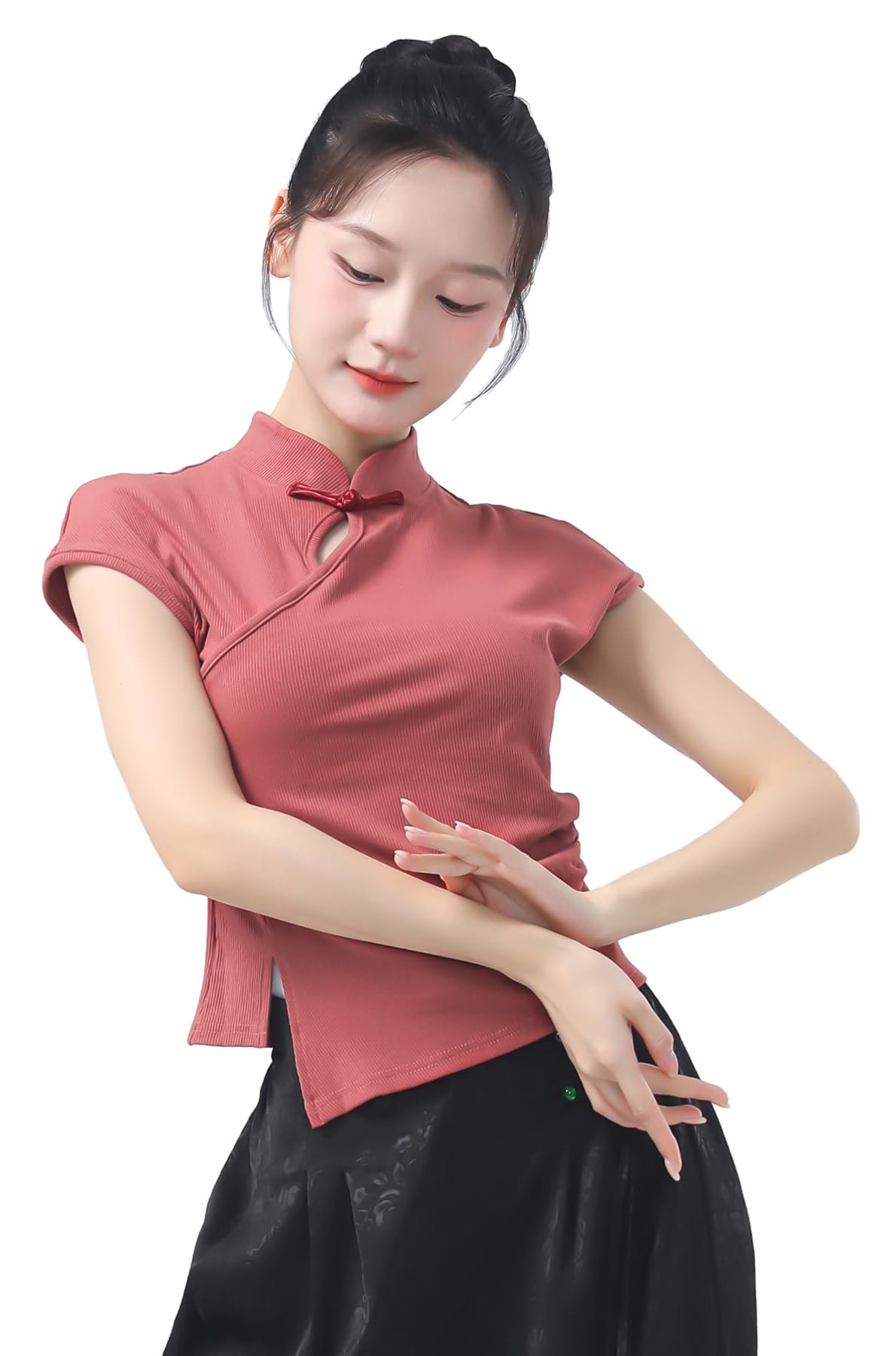 Angcoco Women's Chinese Mandarin Collar Cap Sleeve Cheongsam Top