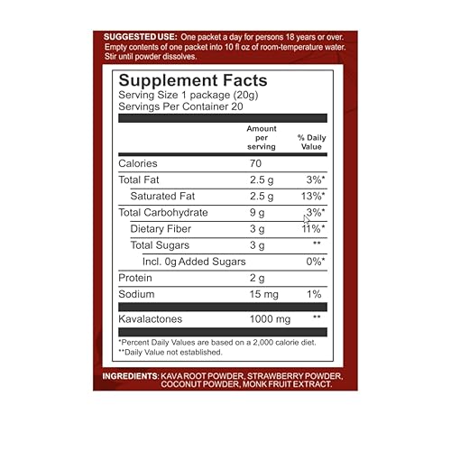 Miniatura 4 de Polvo de kava instantáneo Fijian Noble de alta calidad con coco natural y polvo de fresa, auténtico, 10% kavalactonas, 20 paquetes individuales,