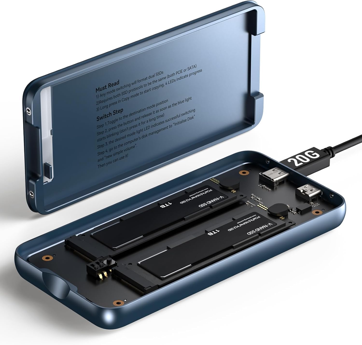 Dual Bay Raid SSD Enclosure: 2280 M2 Hard Drive Enclosure with Clone Mode & Raid 0/1 & JBOD Mode, 20Gbps Compatible to PCIe NVMe Harddrive Cloning HDD, Offline Duplicator