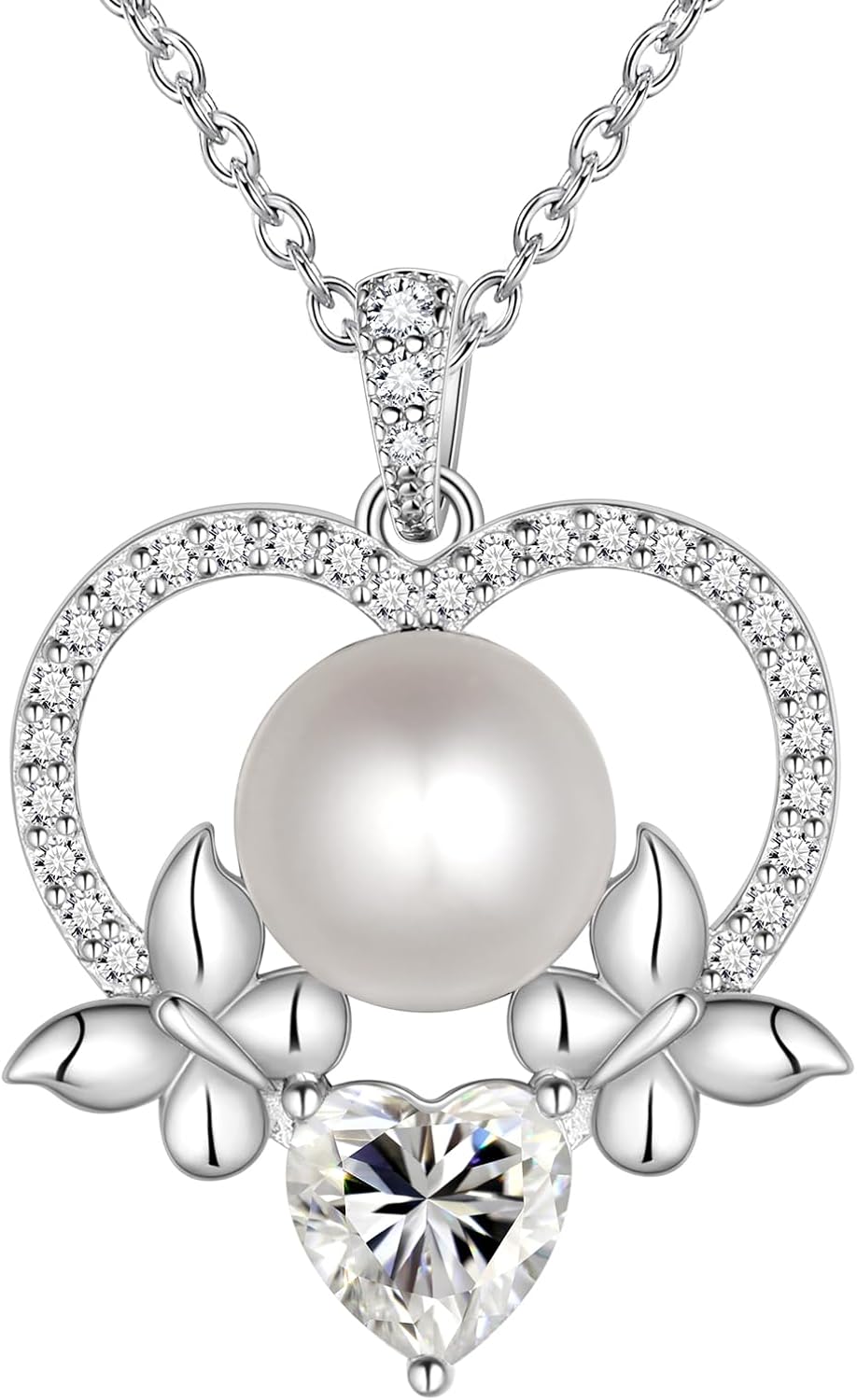 Jewmon Valentine Day Giftsf for Her Natural Freshwater Pearl Necklace for Women 925 Sterling Silver Butterfly Pendant Necklace Bow Cubic Zirconia Charm Elegant Pearl Wedding Bridal Jewelry for Her