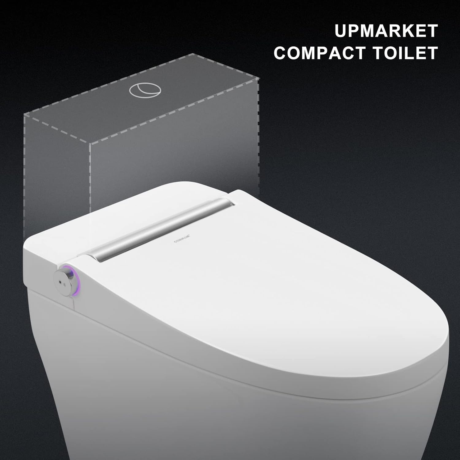 Side view of the Cosvalve Smart Toilet, highlighting its compact, tankless design