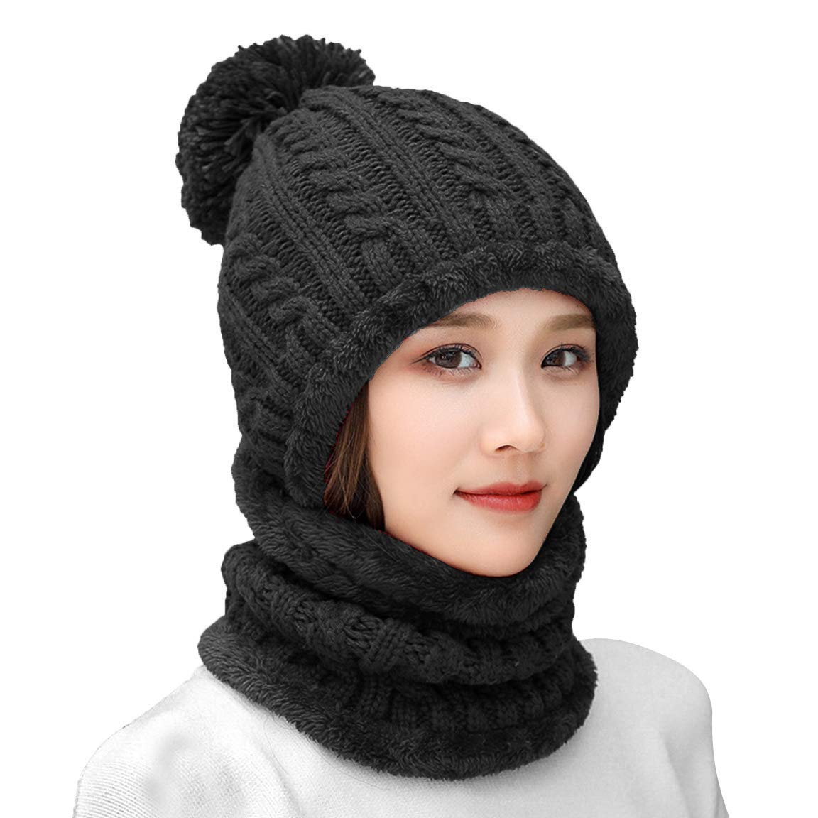 HUAMULAN Women Winter Beanie Hats One Piece Fleece Lined Knit Balaclavas Mask Set Skull Neck Circle Scarf Ski Snow Hat Pompom