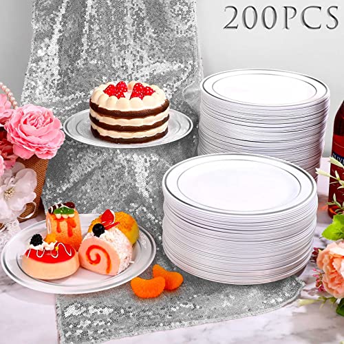 200 Pieces Disposable Plates Plastic Plates With Rim Hard Plastic Appetizer Salad Dessert Plates 7.5 Inch Heavy Duty Plates For Dinner Wedding Party Supplies (Silver Rim) #TOP3