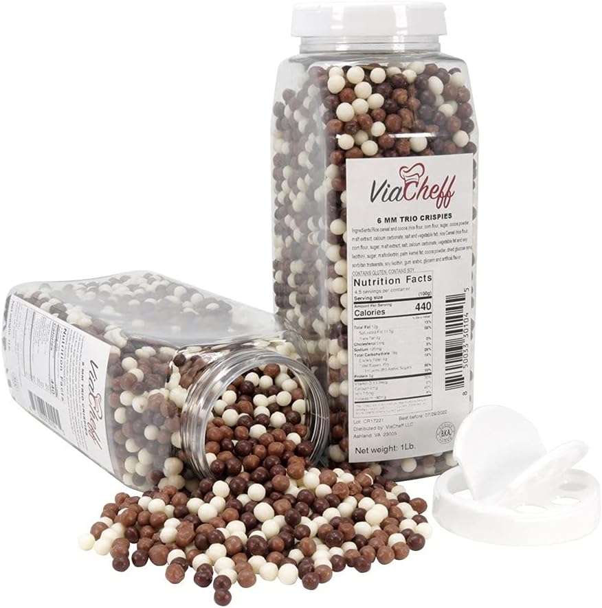 Trio Crispies (6mm) - Crunchy Dessert Topping to Sprinkle on Ice Cream, Cakes, Cupcakes, Cookies, Candy and Donuts. - 1 lb. Shaker Jar - Dairy-free