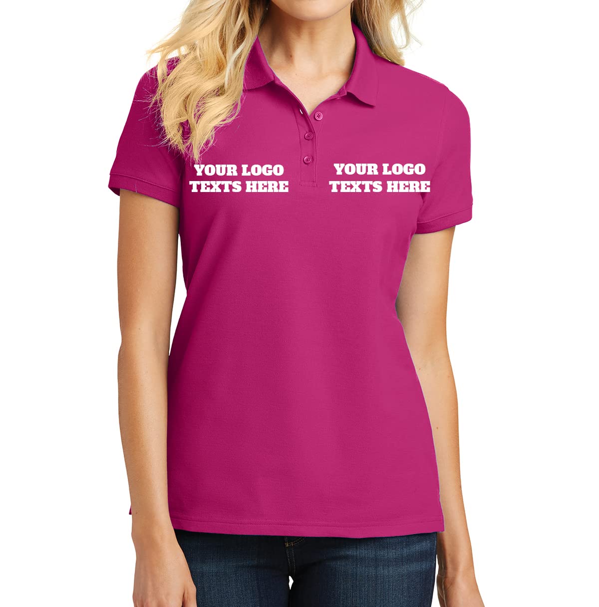 INK STITCH L100 Ladies Custom Stitching Embroidery Logo Text Design Your Own Core Pique Polo Shirts - Pink (M)