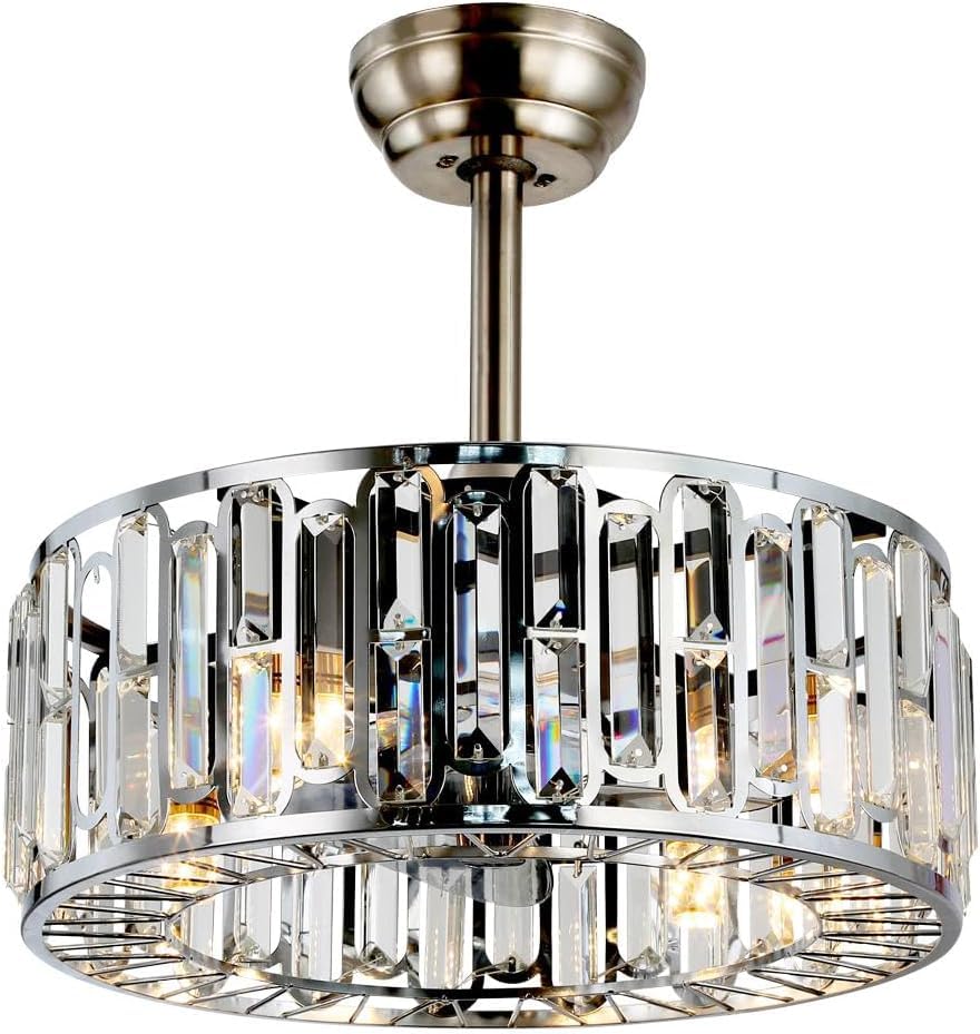 18" Crystal Ceiling Fan with Light Remote Control, Industrial Enclosed Bladeless Fandelier Ceiling Fan 3 Speeds Modern Black Caged Chandelier Fan fof Farmhouse Bedroom/742 (Color : Industrial)