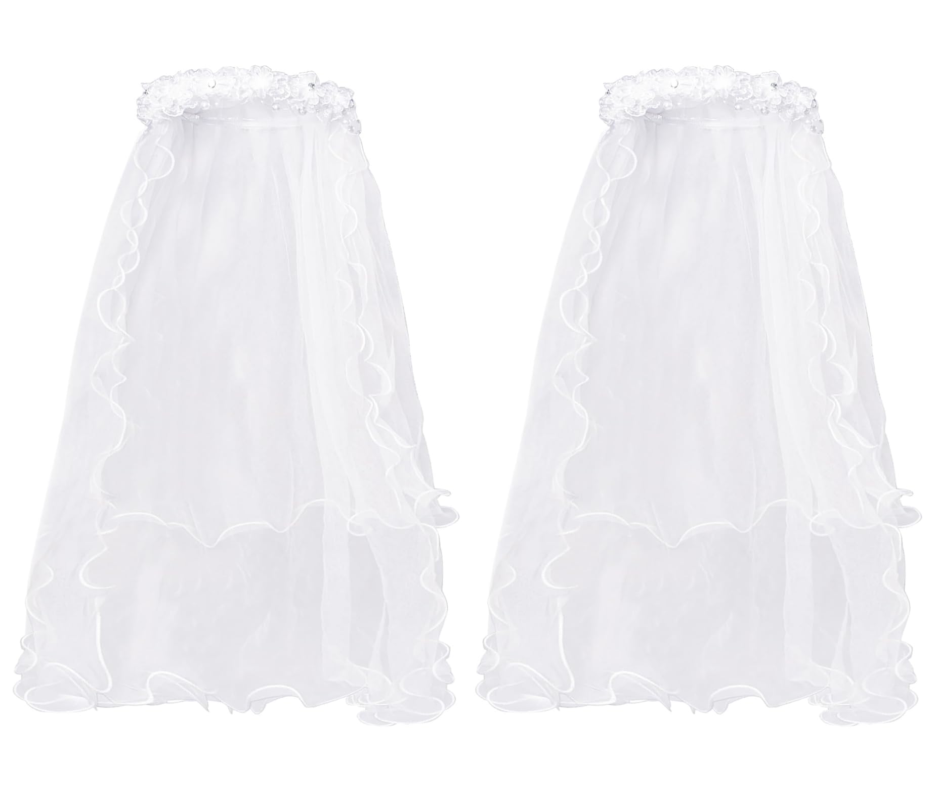 Dzxin Girls Bowknot Rhinestone Flower Veil Girls First Holy Communion Headband Hair Wreath Floral Crown Pearls Crystal Lace Headpiece Veil White for Wedding Party（2 PCS