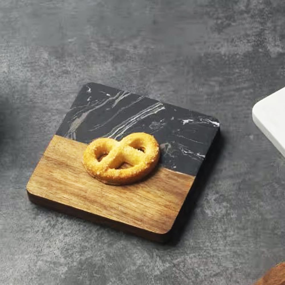 I-LAN 4 Pack Acacia Wood and Black Marble Style Coasters, 4x4 Inch Square Modern Drink Coasters Set, Decorative Mixed Material Coasters for Coffee Table, Bar, and Housewarming Gift - Image 4