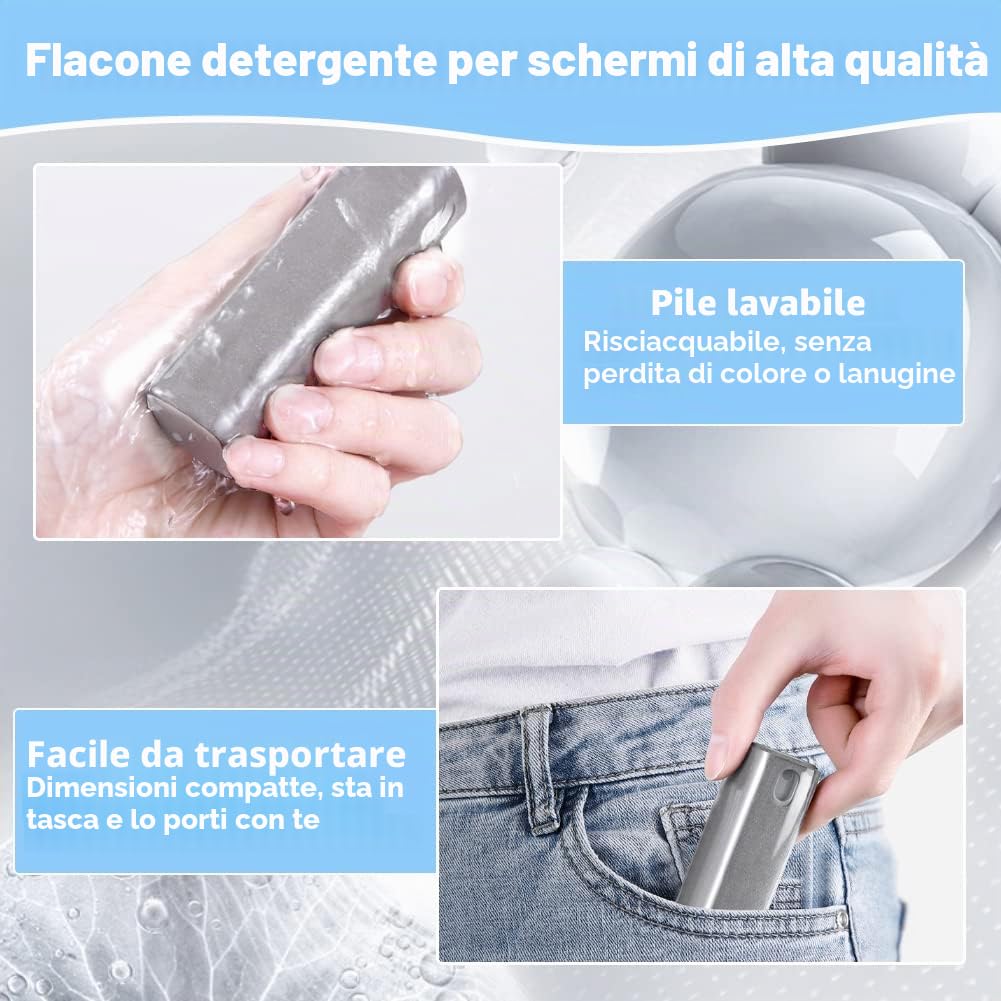 REFORUNG 3 Pz Pulitore per Schermo a Prova di Impronte Digitali 2 in1 Spray Detergente per Schermo del Telefono 2 in 1 Bottiglia Spray Pulisci Schermo e Panno per Tutti i Telefoni, Superficie in Vetro