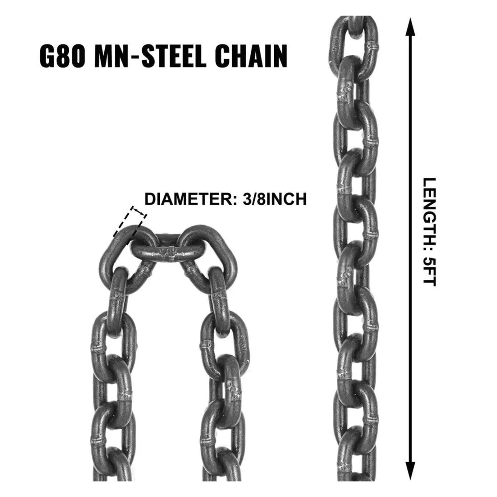 Cinghia di sollevamento a catena di grado 80 da 5 piedi, doppia gamba da 3/8 con ganci di presa, capacità di carico di 4 tonnellate, for carichi pesanti