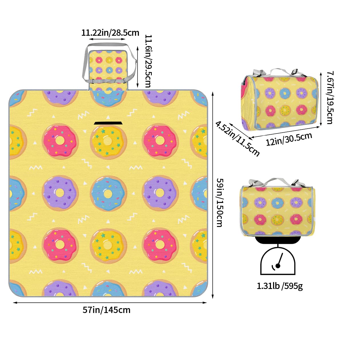 Shimoshe Picnic Blankets 57”x 59”, Yellow Background Donut Waterproof Sandproof Picnic Mat Lightweight Foldable Beach Blanket for Camping Park Grass Beach Outdoor Blanket