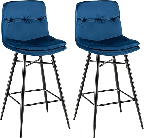 COSTWAY Juego de 2 taburetes de bar, sillas de terciopelo de 28.5 pulgadas con respaldo copetudo, reposapiés y patas de metal, sillas altas