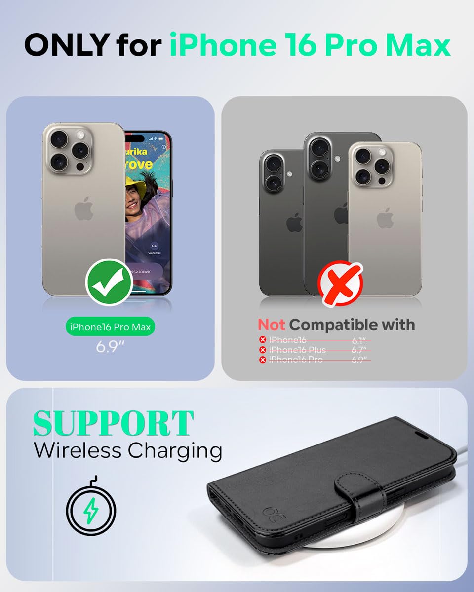 OCASE for iPhone 16 Pro Max Case, PU Leather Wallet, Magnetic Flip Folio Cover with RFID Blocking, Card Holders - Image 2
