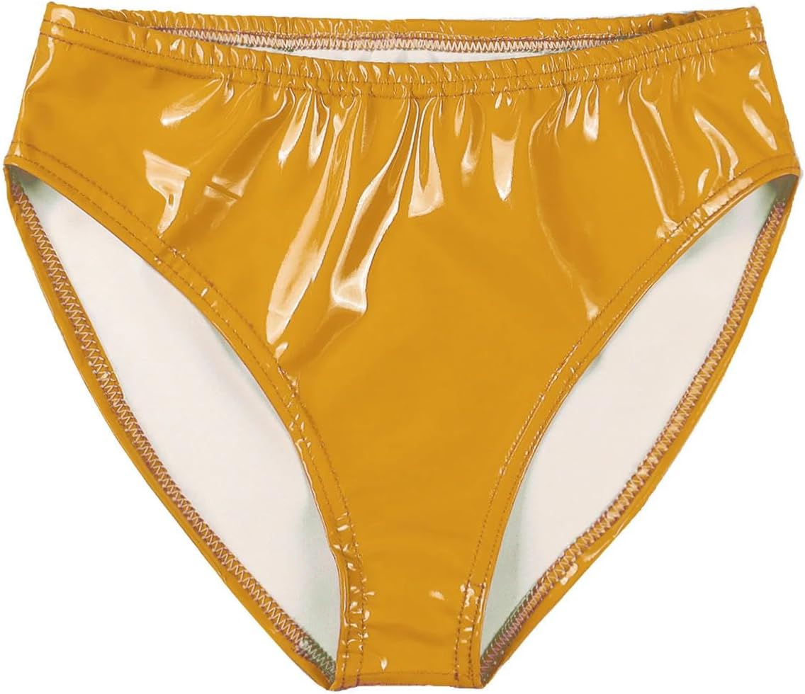 Mens Patent Leather Briefs Night Club Pole Dancing Performance Costume Elastic Waistband Underpants Yellow