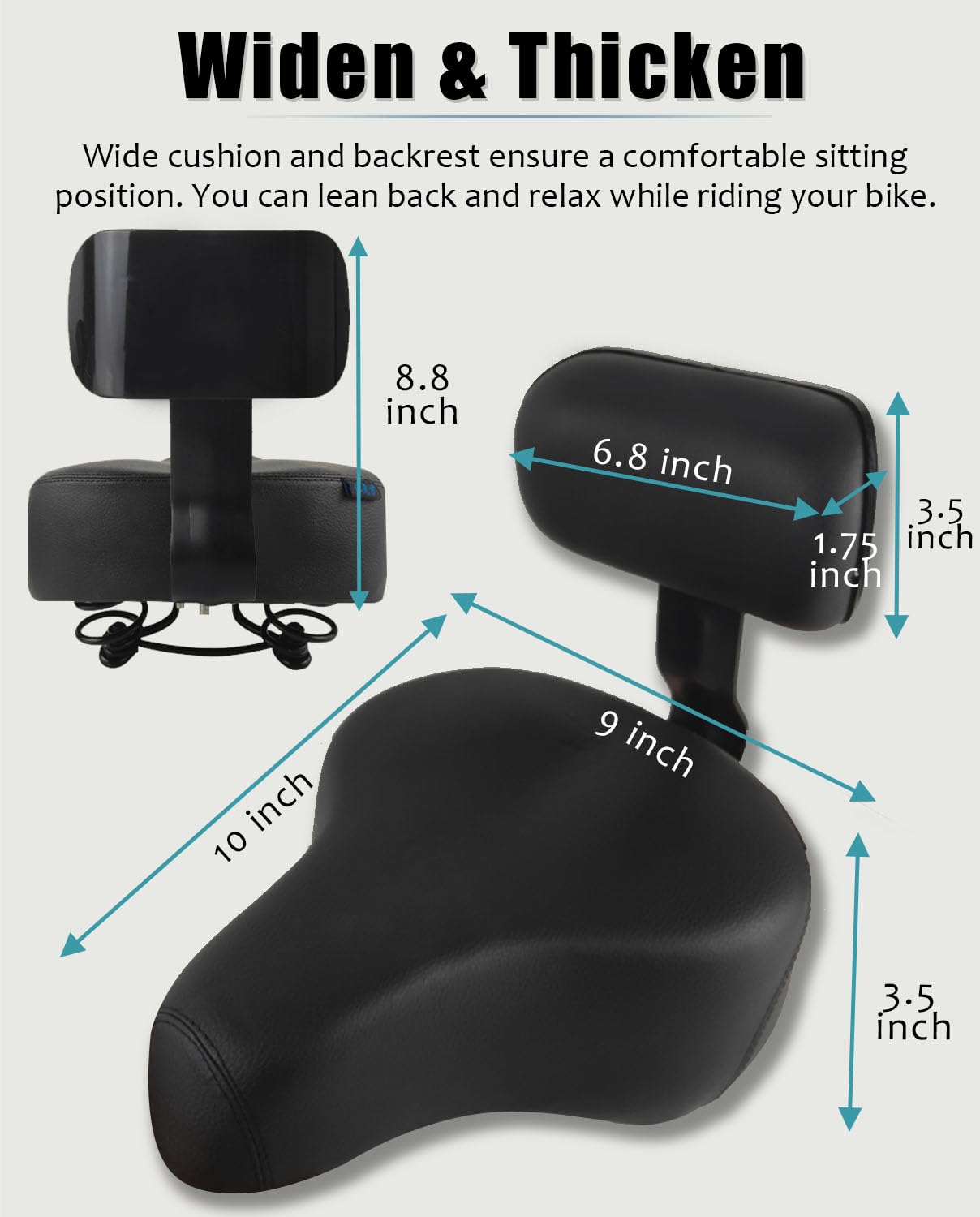 Selle de scooter électrique surdimensionnée avec dossier – Coussin de rechange confortable pour siège de vélo, aile de siège de vélo extra large, design ergonomique, absorption des chocs,