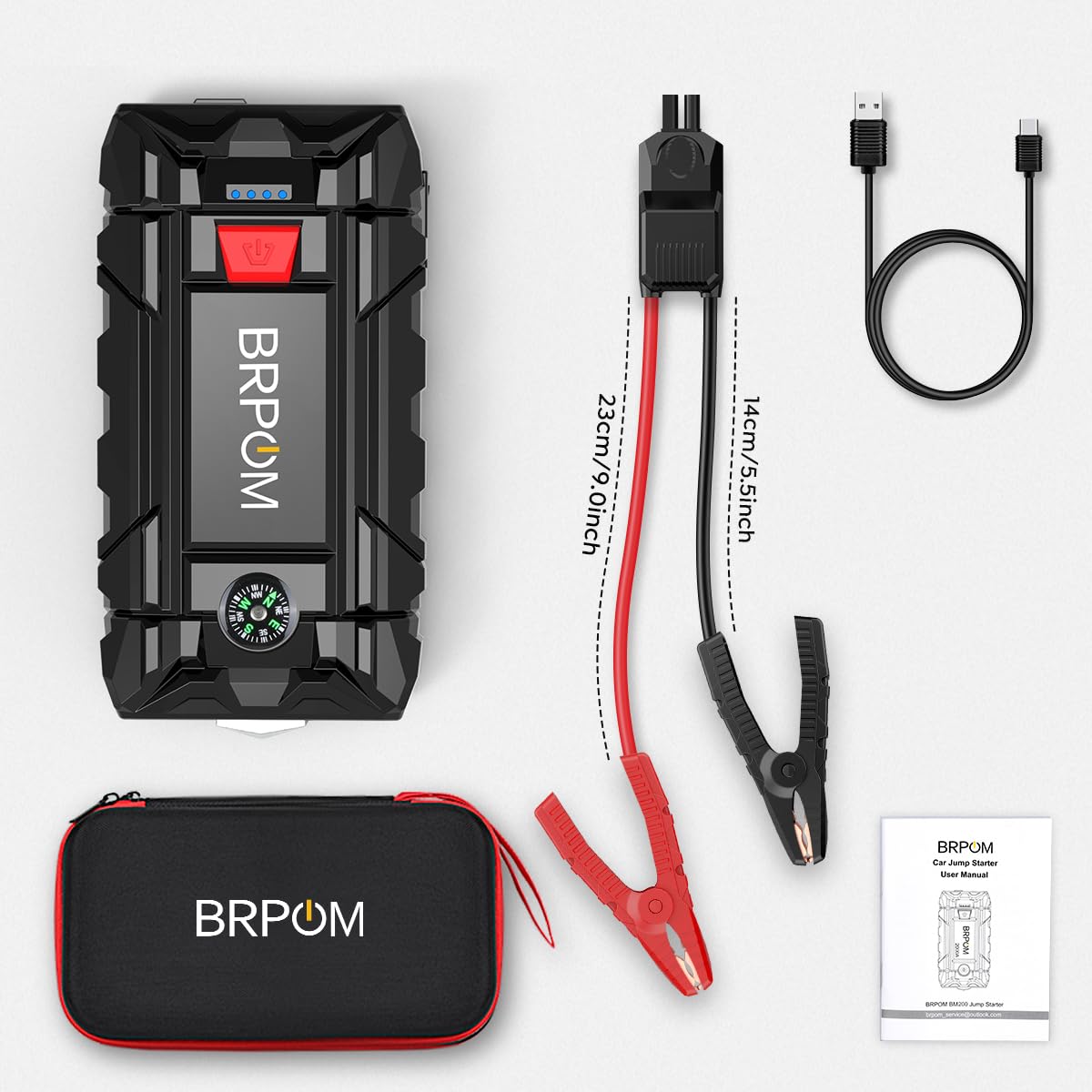 BRPOM Arrancador de Coches, 9000A 21800mAh Arrancador de Baterias de Coche 12V(para 8.0L de Gasolina o 6.5L de Diésel), Jump Starter Portátil, Carga Rápida QC3.0, Espera Larga