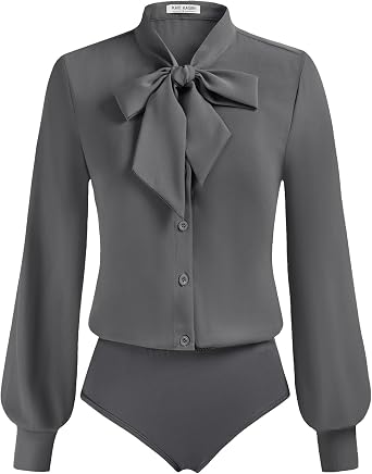 Kate Kasin Women Bow Tie Neck Office Blouse Button Down Long Sleeve Bodysuits Blouse Top