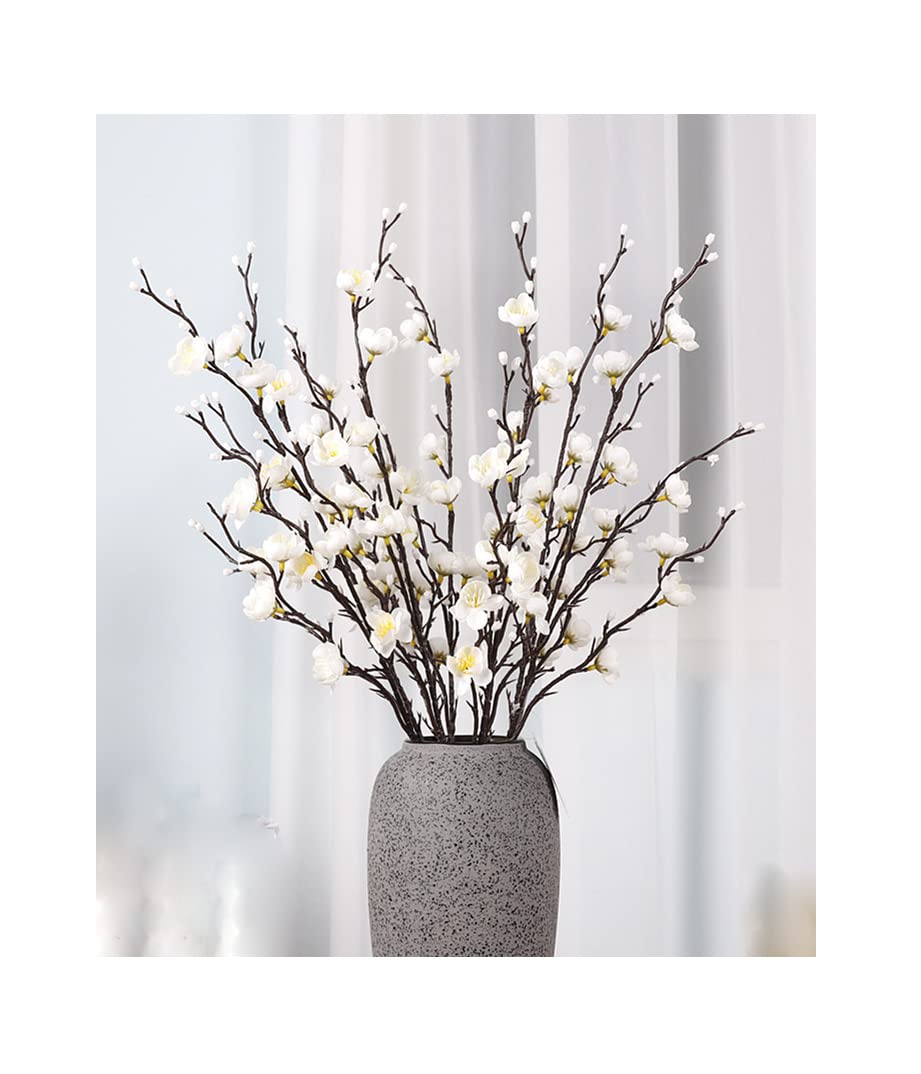 6 Pcs Artificial Plum Blossom Fake Wintersweet Long Stem Plastic Flowers Home Hotel Office Wedding Party Garden Decor 21.5'' High White
