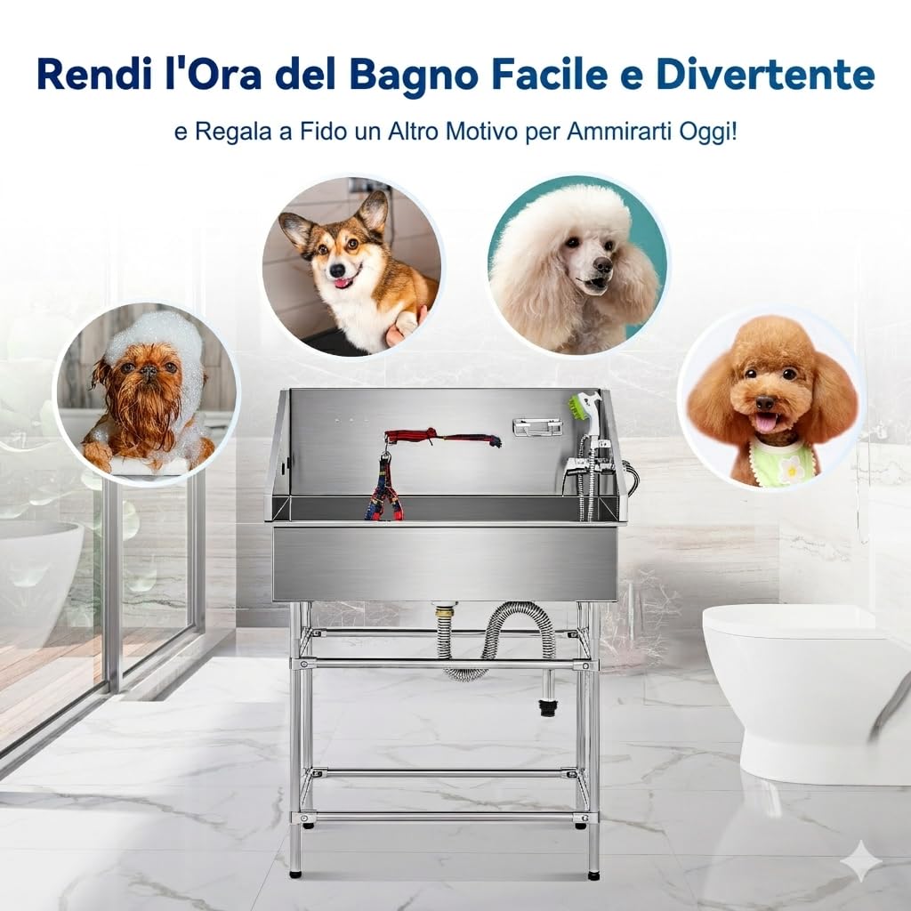 CO-Z 86 cm Vasca da Bagno per Cani Extra Elevata Altezza 120 cm, Vasca Toelettatura Professionale per Animali Domestici con Spruzzatore, Doccia per Toelettatura in Acciaio Inossidabile capacità 80 kg
