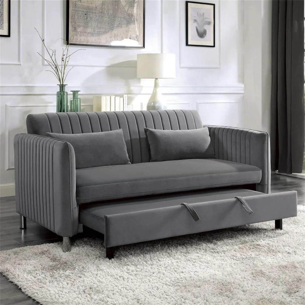 1pc Convertible Sofa Bed with Pillows Brown-Gray Velvet Upholstered Metal Feet Versatile Living Room Furniture