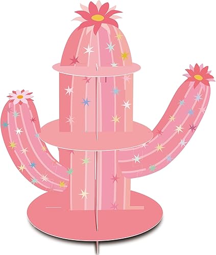 Soporte para cupcakes de cactus rosa, 3 niveles, para el primer cumpleaños de rodeo de niñas, despedida de soltera con texto en inglés "Let's Go