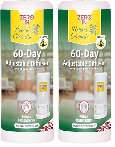 Zero In 60-Day Adjustable Diffuser, Natural Citronella, Mosquito Repeller, Indoor and Outdoor Use, Bee Safe, Travel Size (Pack of 2)