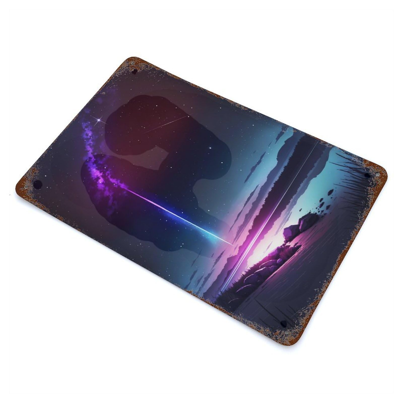 Starlit Galaxy Night Sky Aged Metal Wall Plaque 11.8"x7.9", Old School Wall Decor for Garage, Bar And Workshop Decor