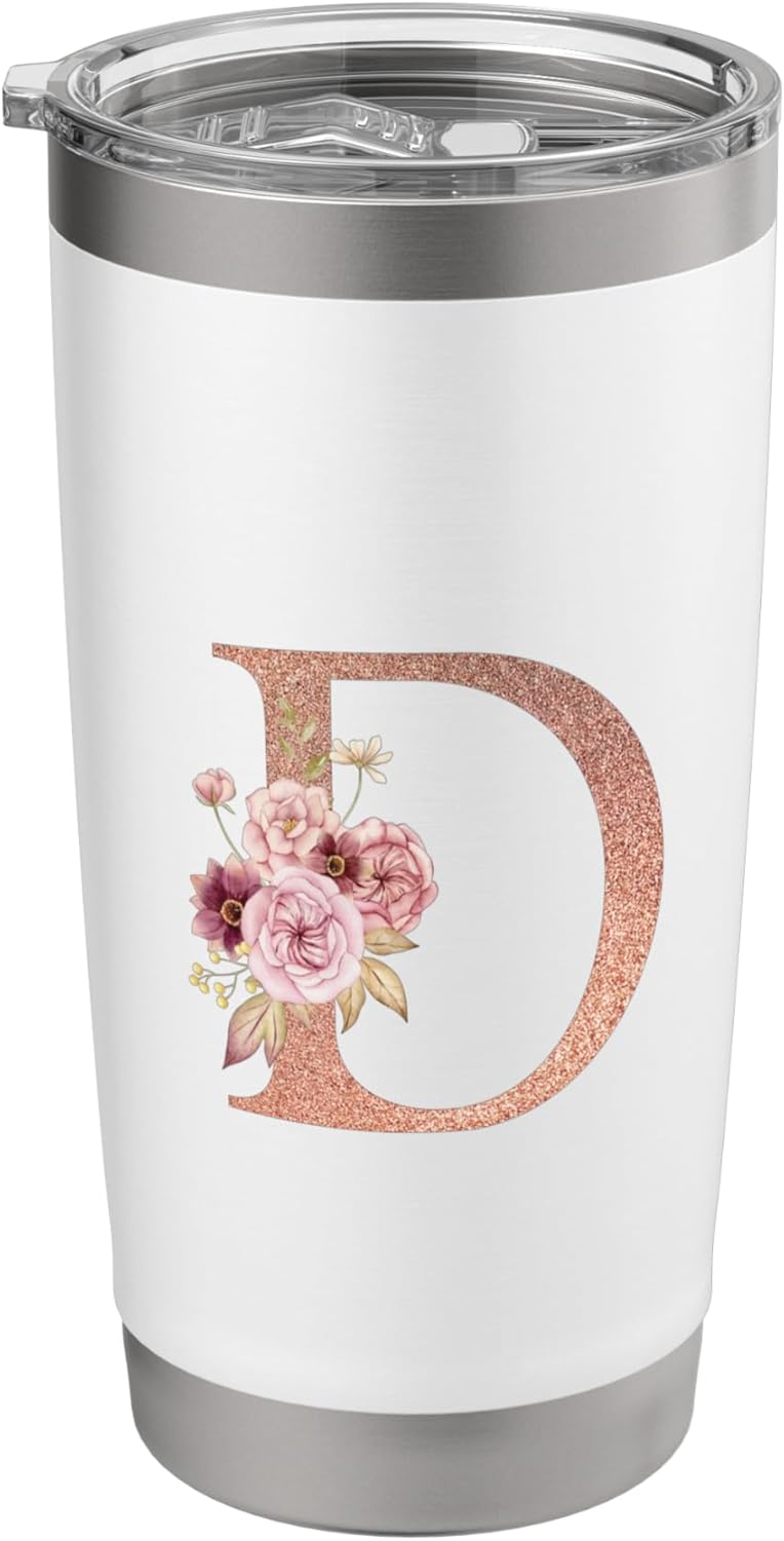 Letter D Initial Floral monogram Travel Coffee Cup Mug Stainless Steel Insulated Tumbler