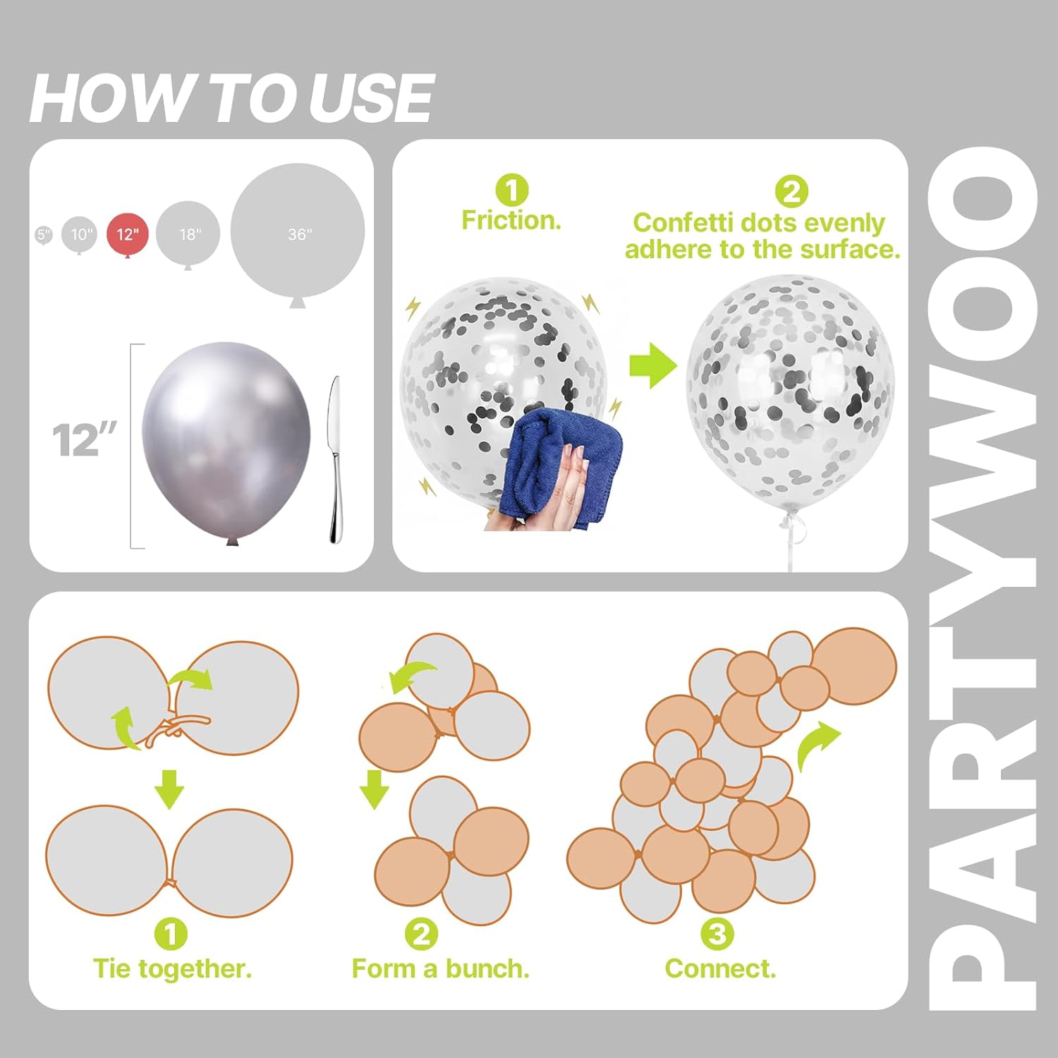 PartyWoo Black and Silver Balloons 65pcs 12 Inch Matte Black Metallic Chrome Silver Confetti Balloons for Graduation Baby Shower Men Birthday Wedding Anniversary New Year's Eve Party Decorations - Image 5