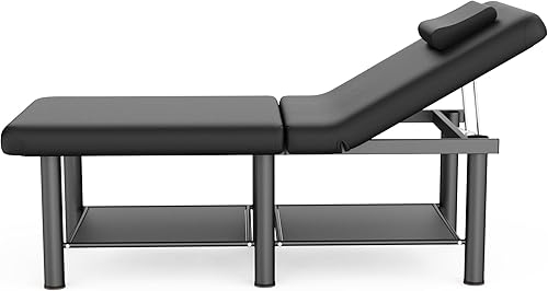 Miniatura 4 de Mesa de masaje estacionaria plegable con respaldo y espacio de almacenamiento, 6 patas redondas, marco de metal, piel sintética, 30.5 pulgadas de