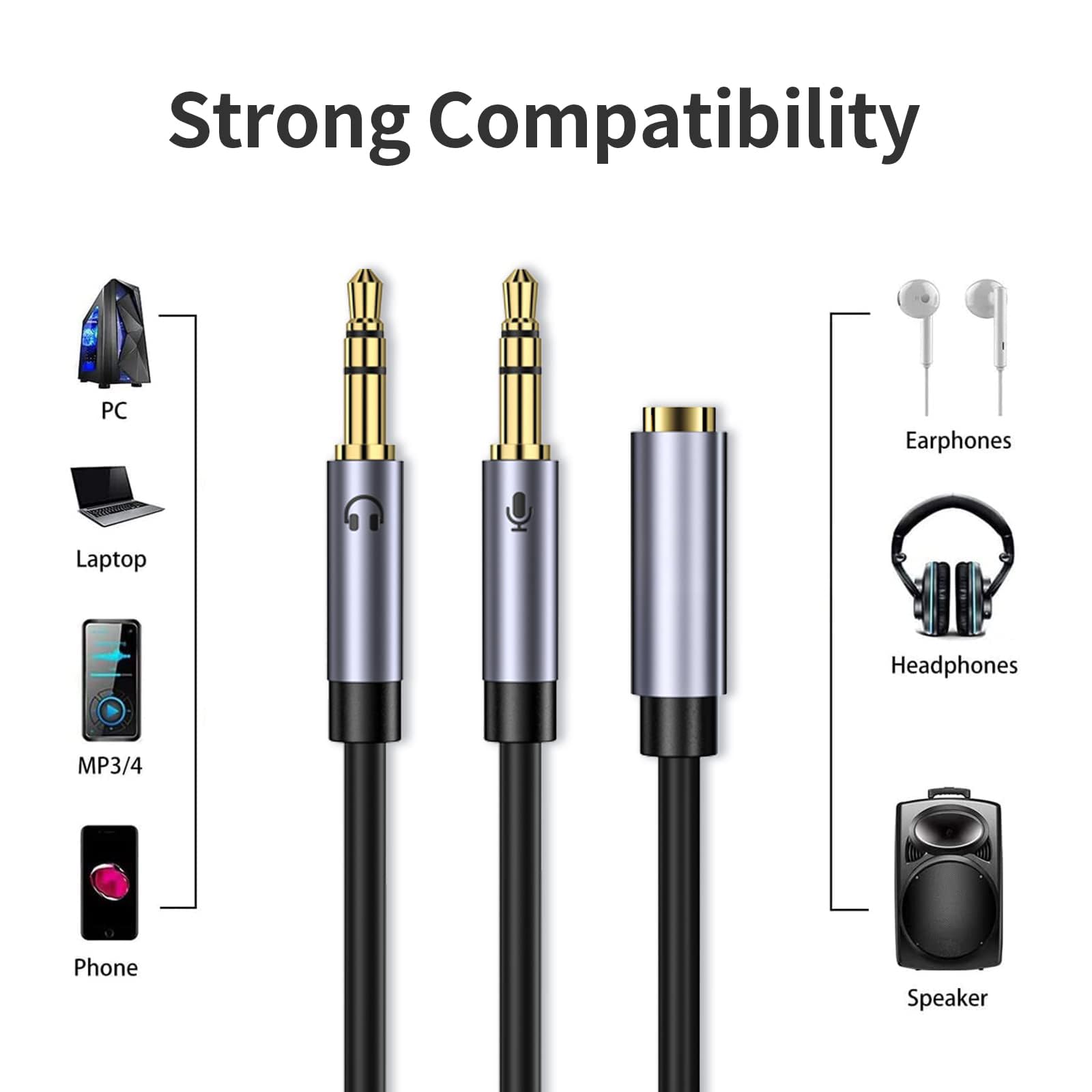 Rozgałęźnik audio, adapter słuchawkowy, rozdzielacz audio, rozdzielacz 0,3 m (podwójny 3,5 mm męski na 3,5 mm żeński), adapter słuchawkowy, 1 na 2 gniazdo do słuchawek, zestawu słuchawkowego,