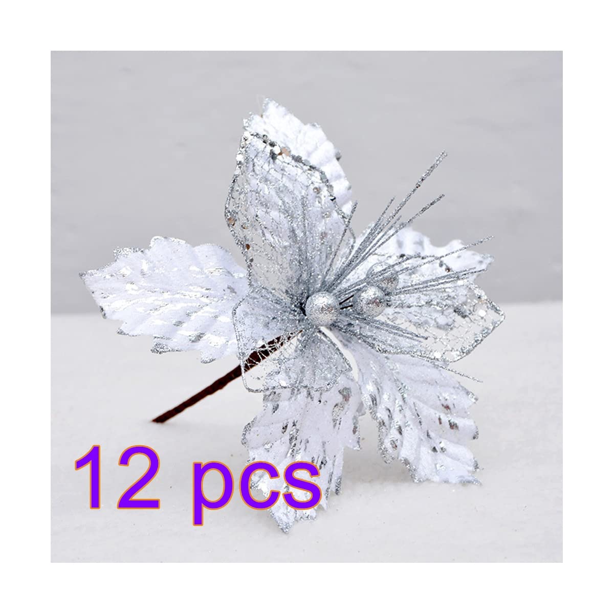 Flores Artificiales, 12 Unidades, Flor de Pascua Plateada con pétalos de Doble Capa y Malla Brillante, Ideal para guirnaldas, Coronas, decoración de árboles y Regalos.